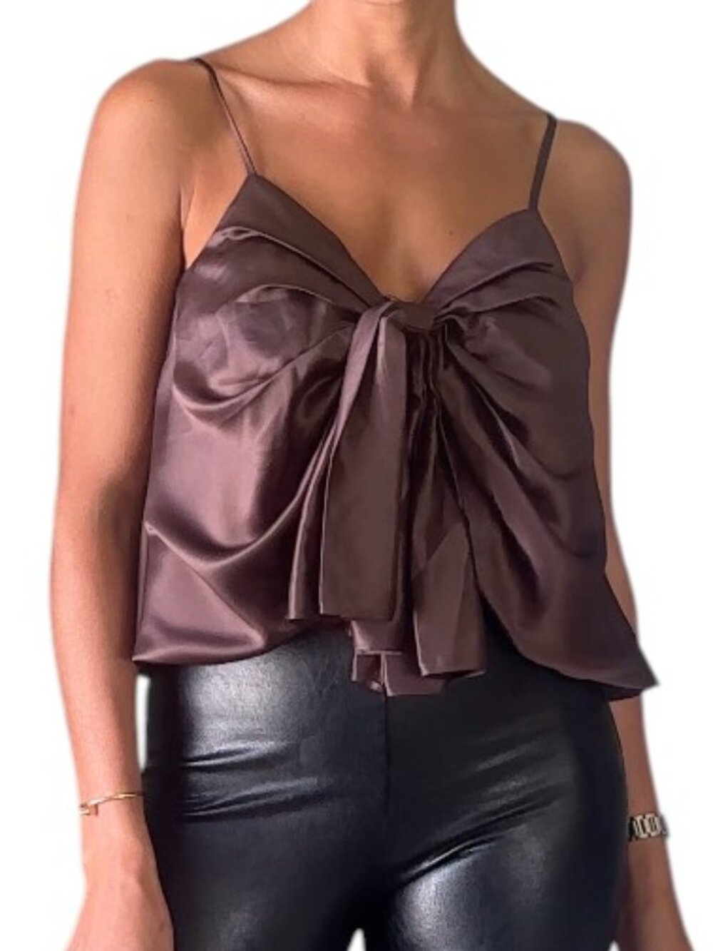 Toccin Sabrina Knotted Satin Camisole Chocolate Brown Camisole Size S